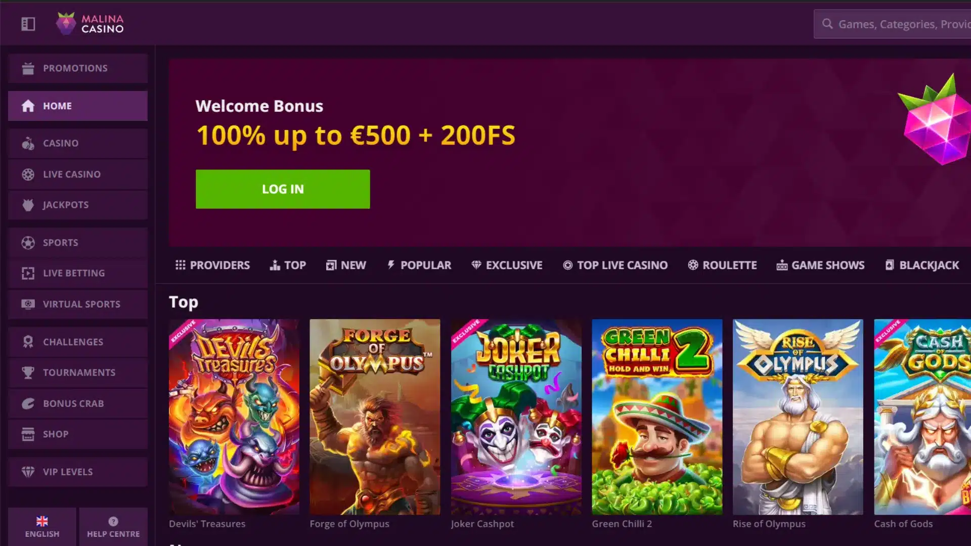 Malina Casino Homepage