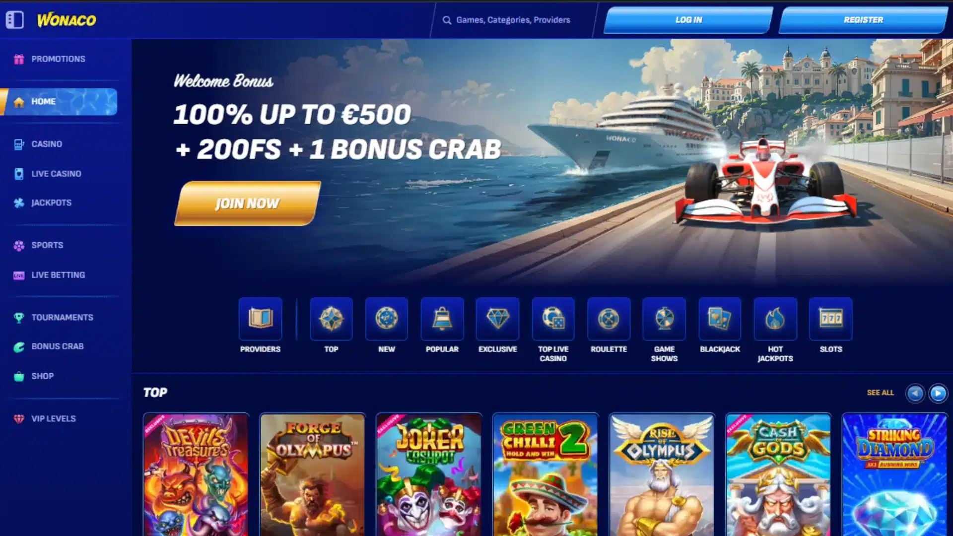 Wonaco Casino Homepage